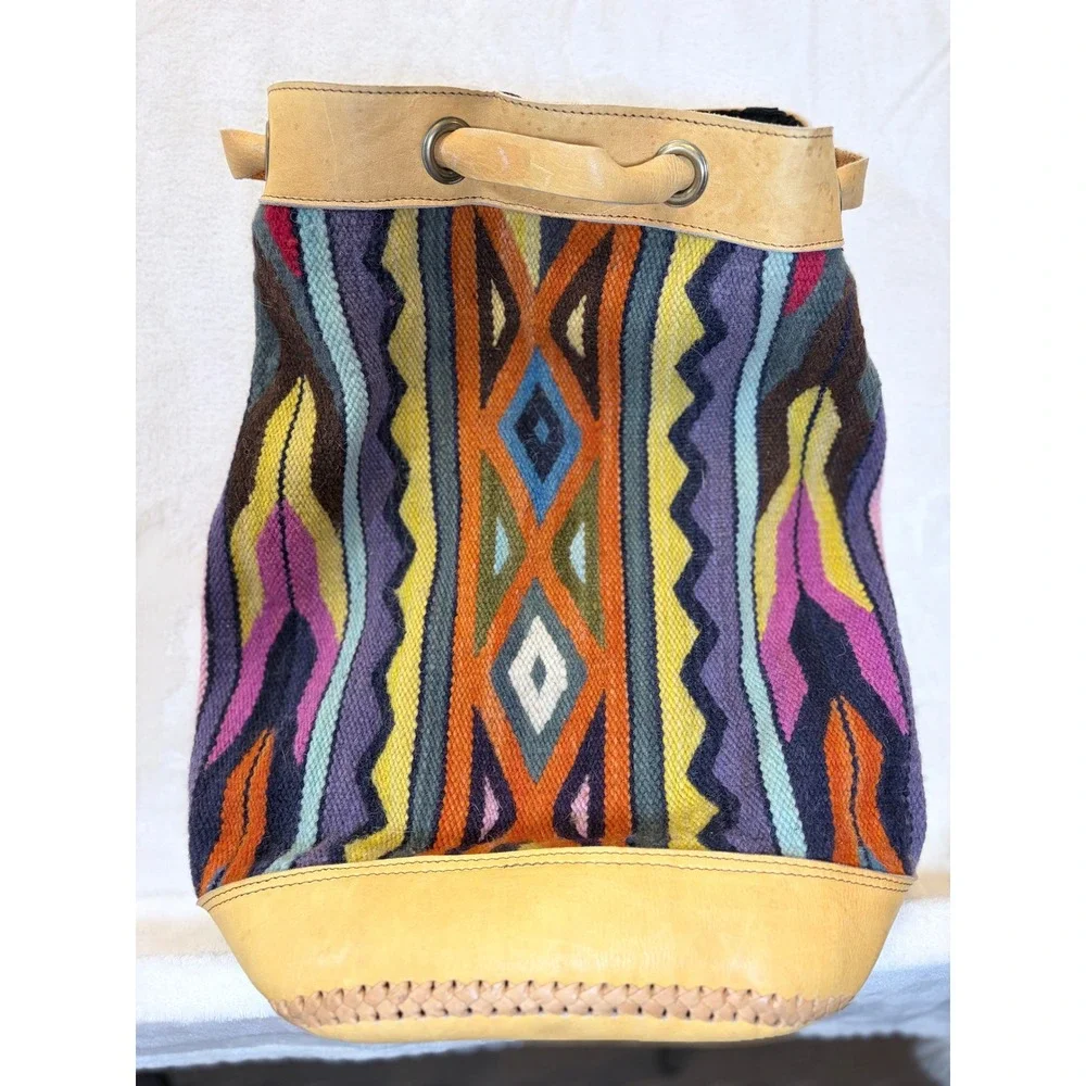 Vintage Multicolor Woven Wool Leather Trim Bohemian Rucksack